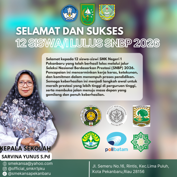 Selamat dan Sukses , 12 Siswa/i SMKN 1 Pekanbaru lulu SNBP 2026